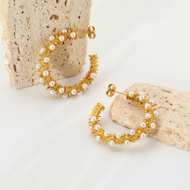 Exaggerated C-Shape Earrings Ins Luxury Bead Embedded Gold Plated Stainless Steel Waterproof Women's Jewelry Fashion Accessories