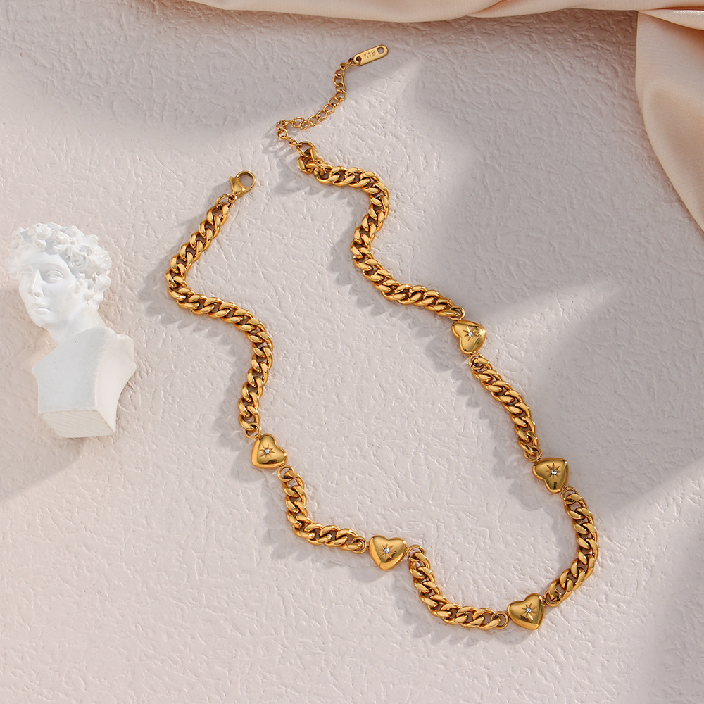 Wholesale Jewelry Fashion Heart Shape 304 Stainless Steel Zircon 18K Gold Plated PVD Coated Plating Necklace