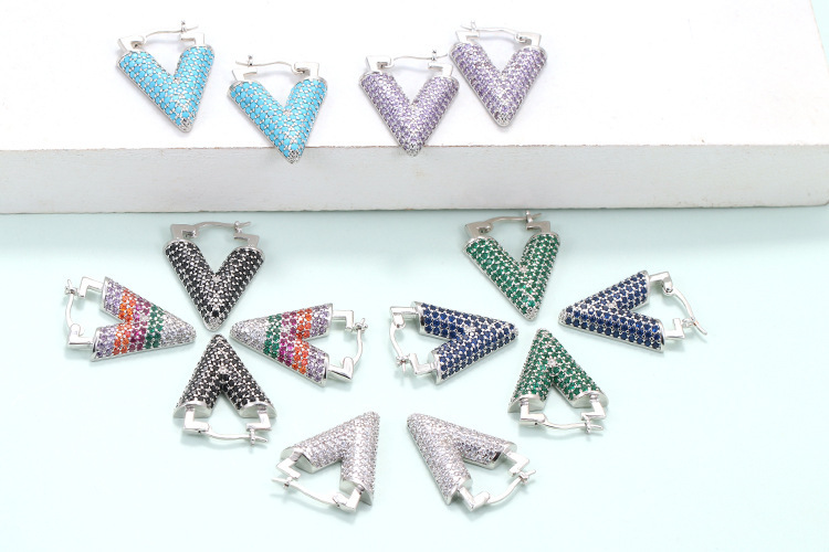 Nihaojewelry Wholesale Jewelry Colored Micro-inlaid Zircon Inverted Triangle Copper Earrings