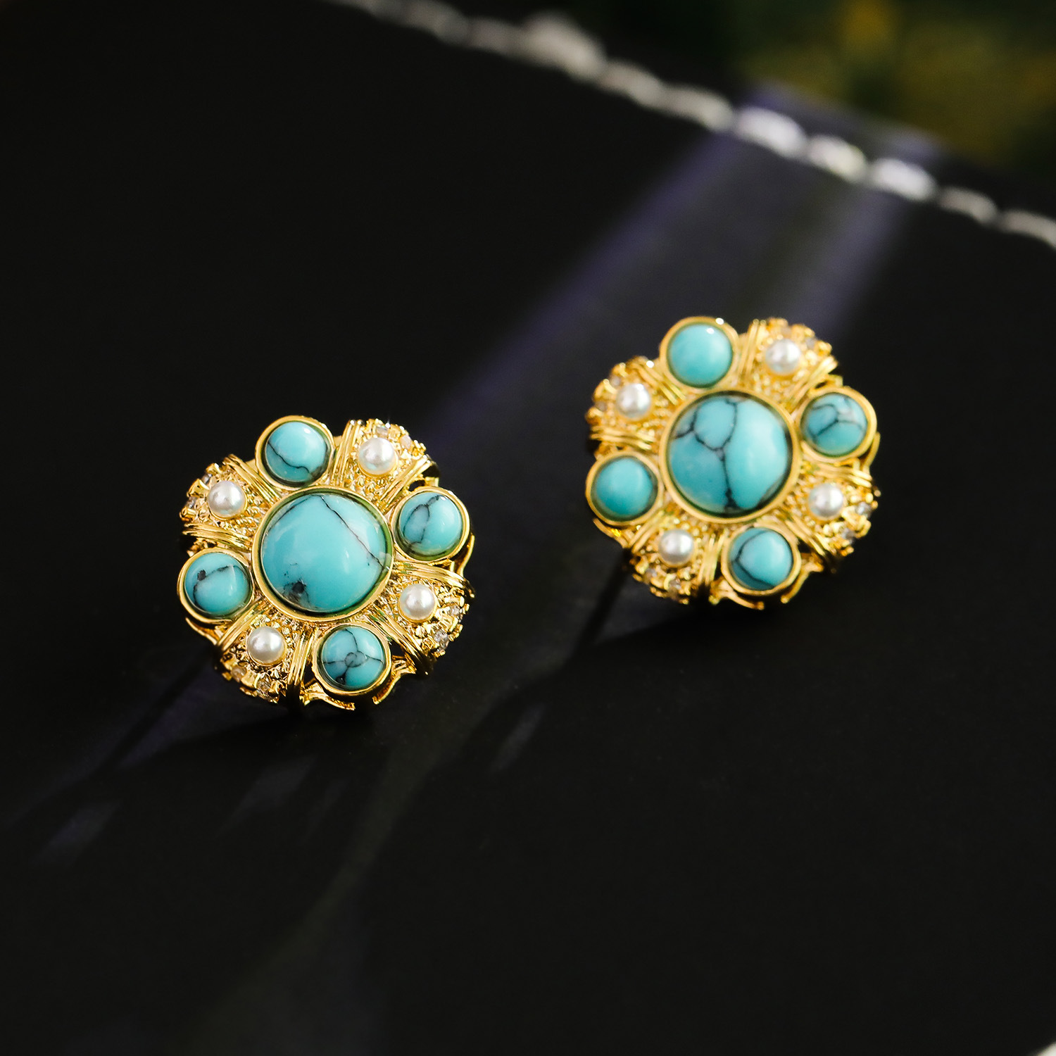 Elegant Vintage Style Pearl Fake Turquoise Stud Earrings Fashionable Geometric Pattern Copper Material 925 Silver Post For Women