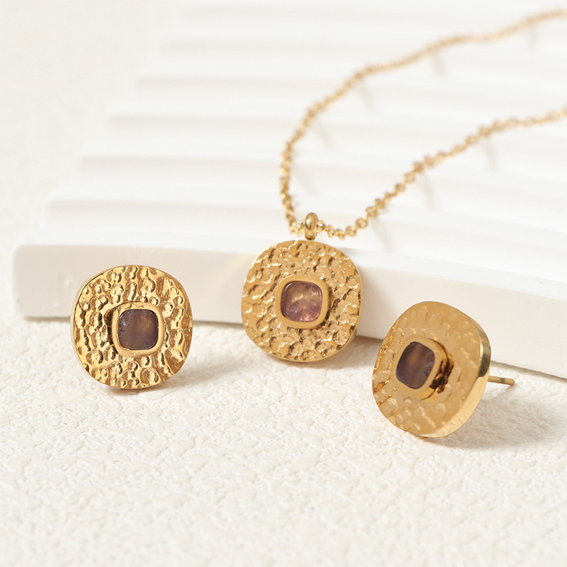 Natural Stone Jewelry Set Hammered Square Earrings For Women Summer High-end Non-fading Accessories Stainless Steel Material