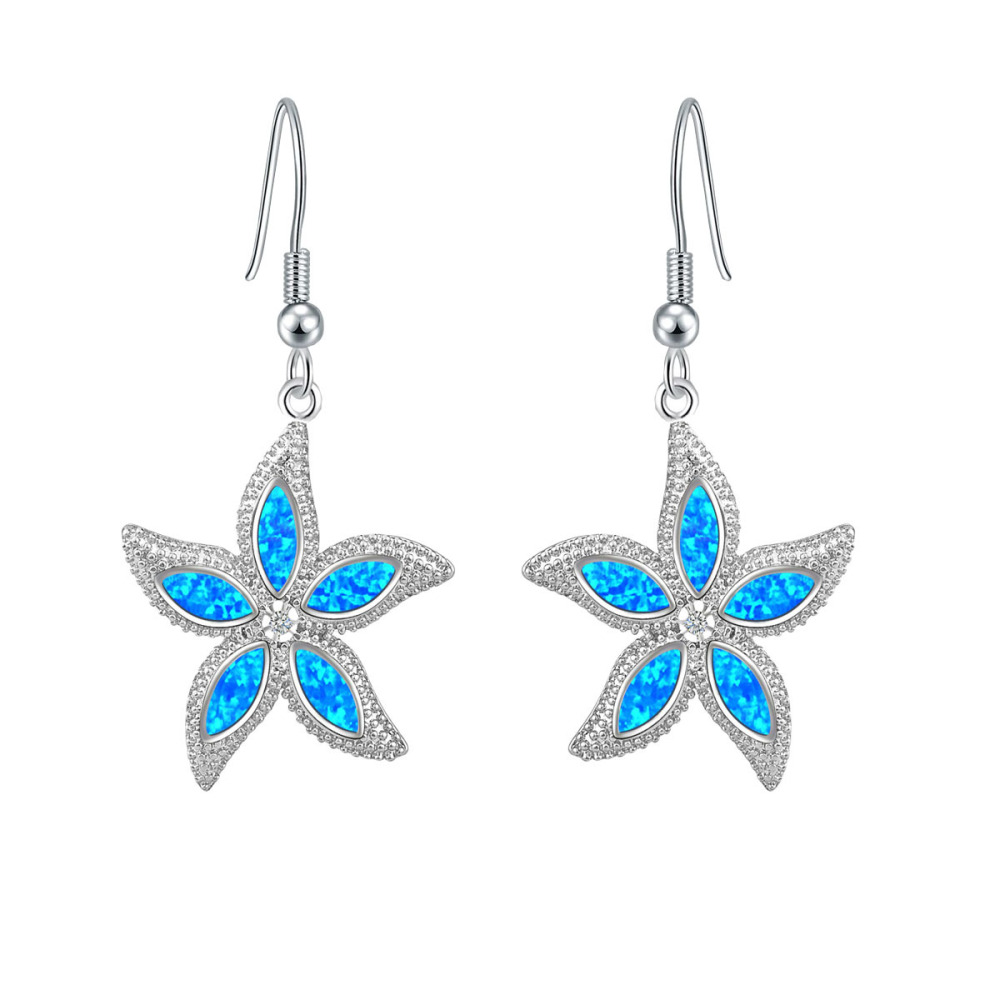 Colorful Women's Opal Starfish Earrings Fashionable TikTok Ins European Style Jewelry Accessories Animal Pattern Copper Material