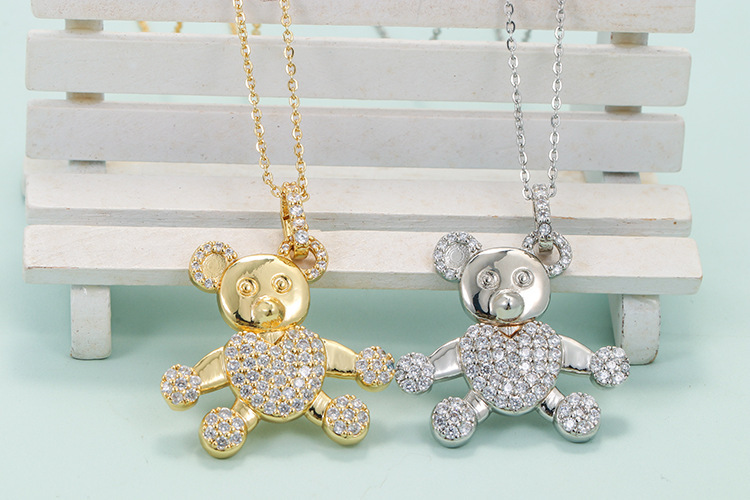 Korean New Diamond-encrusted Heart Bear Pendant Copper Necklace