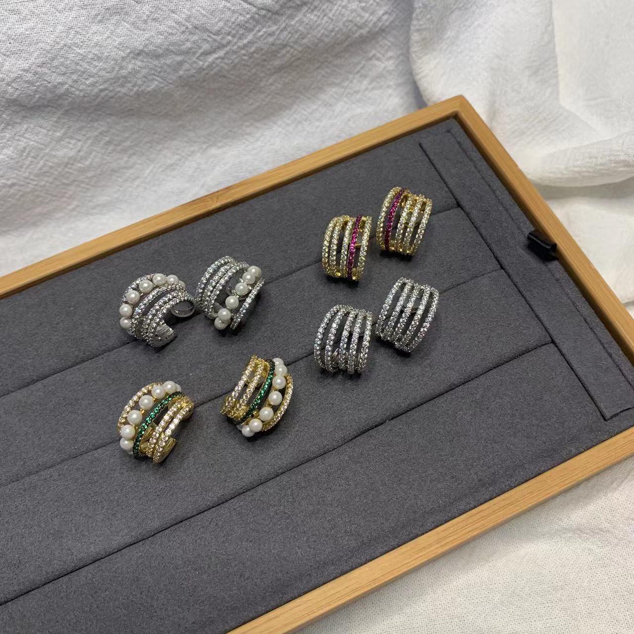 Elegant French Pearl Stud Earrings Women's Diamond Embedded Line Multi-circle Pearl Hoops Stylish Fashion Jewelry Accessories