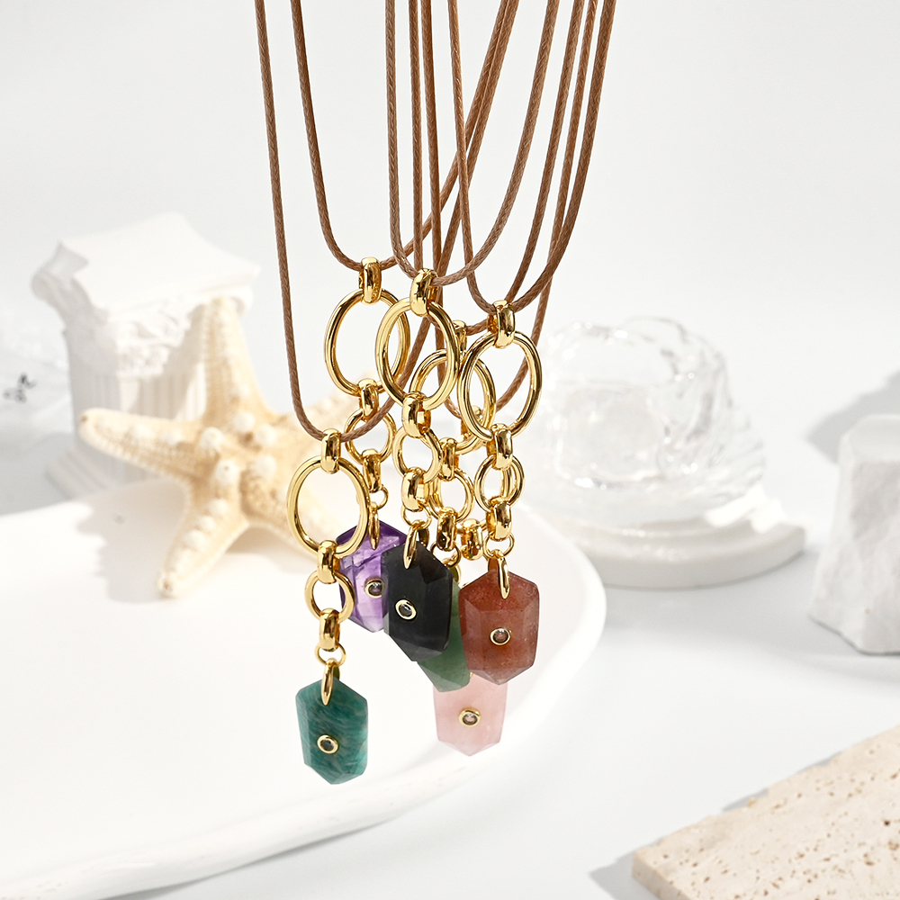 Natural Stone Micro-Set Zircon Hexagonal Pendant Necklace Women's Casual Vacation Style Stainless Steel And Crystal Chain