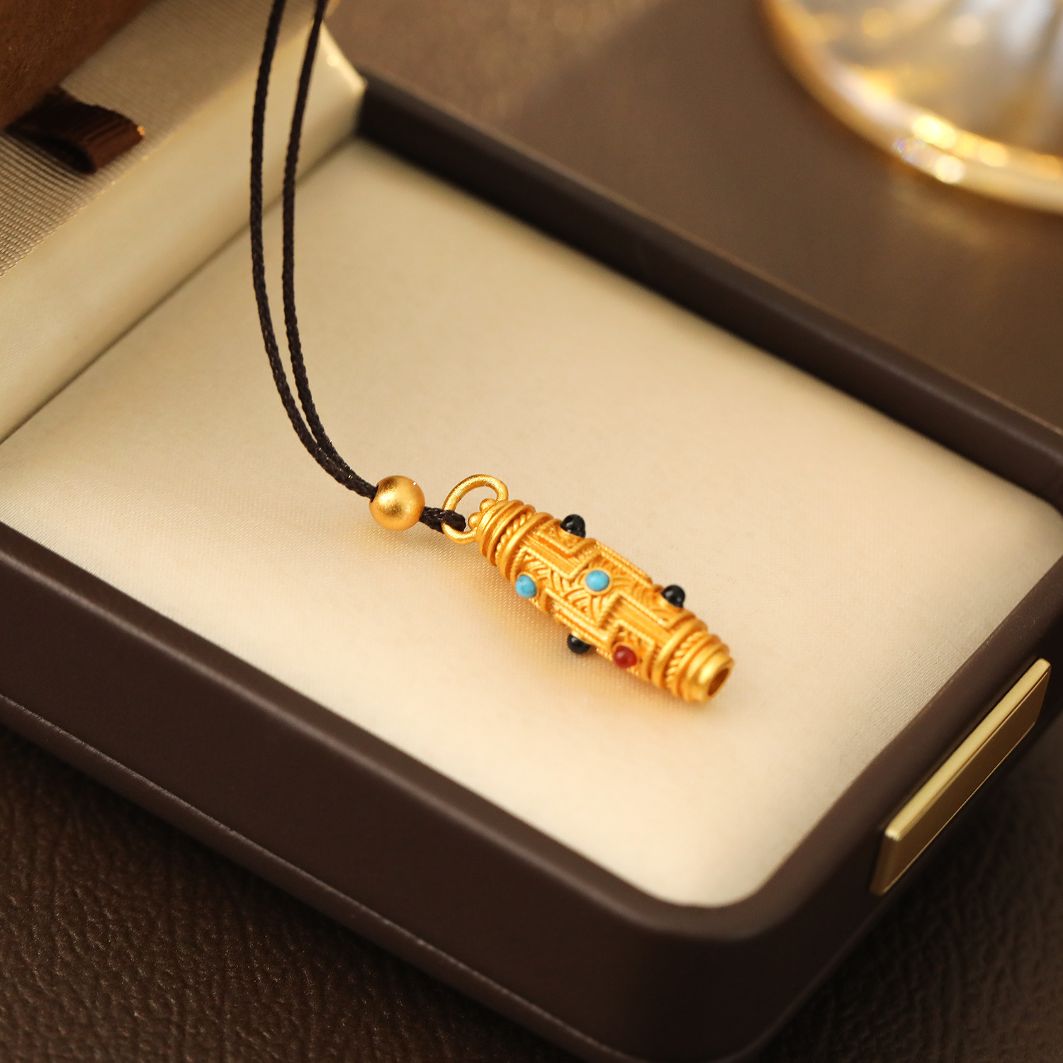 Geometric Pattern Sand Gold Enamel Nine-Eyed Tianzhu Pendant Through Hole DIY Accessories Necklace Sweater Chain Tibetan Transmission Vintage Cultural Goods Jewelry
