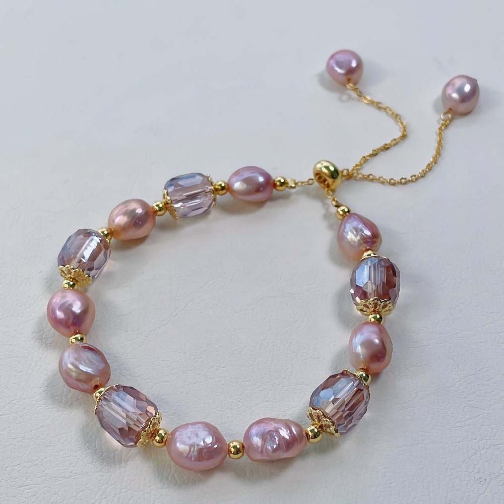 French Vintage Purple Quartz Pearl Bracelet Baroque Luxury Ins Niche Bracelet Best Friend Jewelry Pink And Purple Natural Pearl Accessories