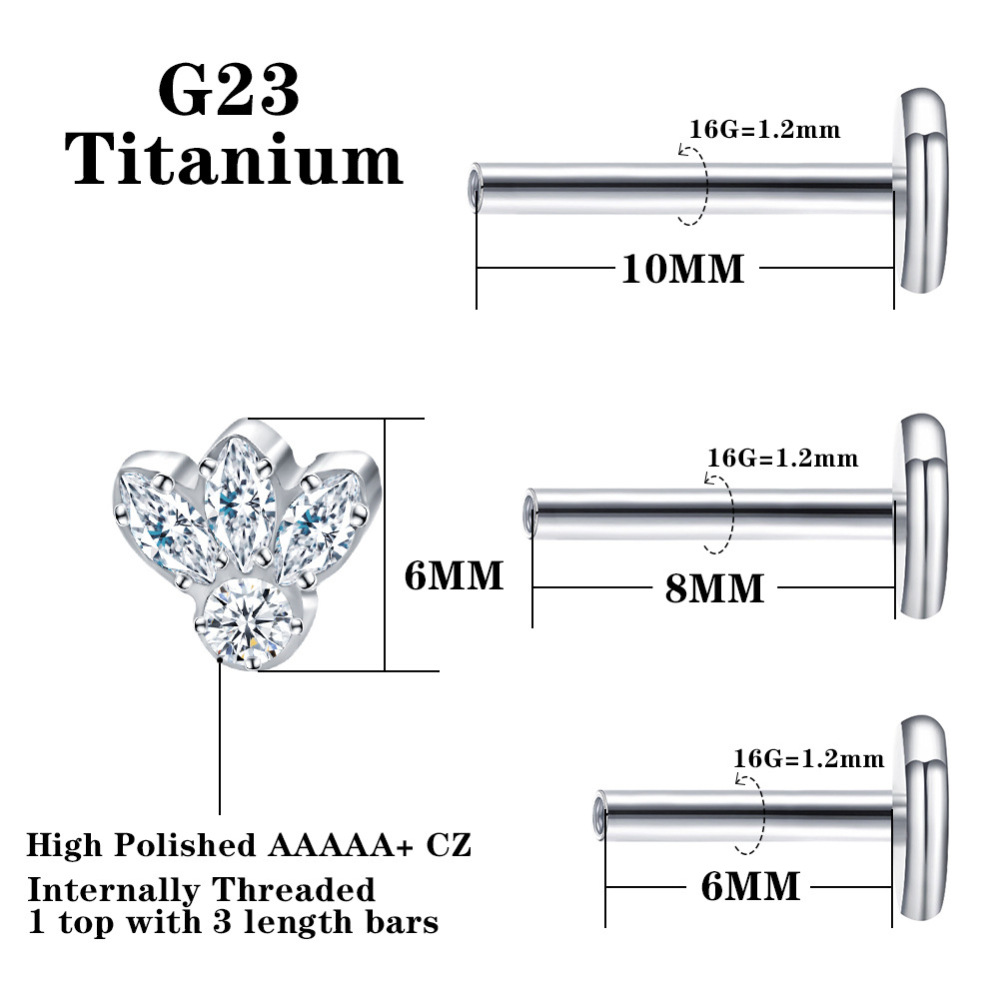G23 Titanium Material Zircon Threaded Flat Back Earrings Ear Bone Stud Nose Stud Polished Piercing Jewelry Ear Accessories