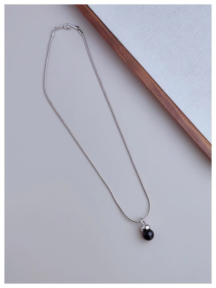 Snake Bone Chain Necklace With Natural Black Agate Pendant For Women Winter Accessories Sweater Chain