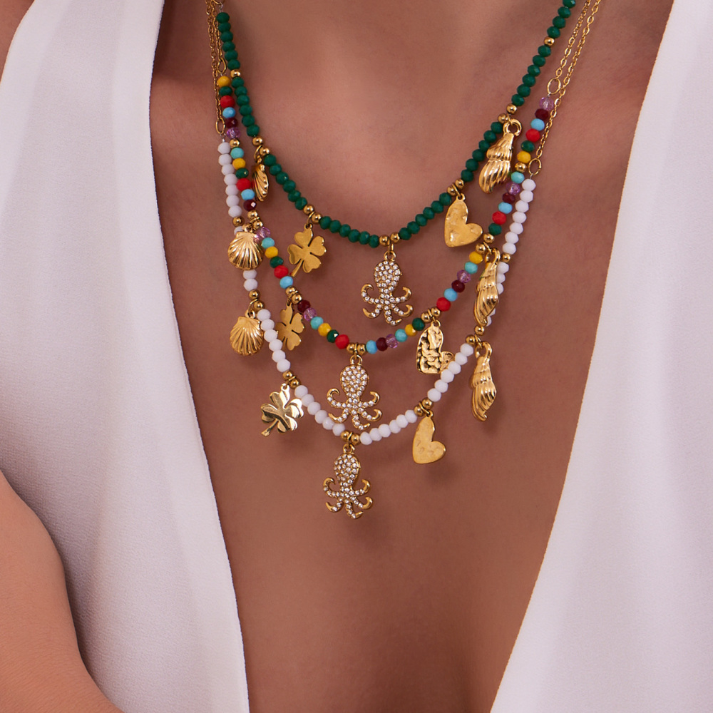 Stainless Steel Multi-Color Beads Necklace DIY Octopus Zircon Shell Heart Pendant Clavicle Chain Luxury Jewelry Accessories