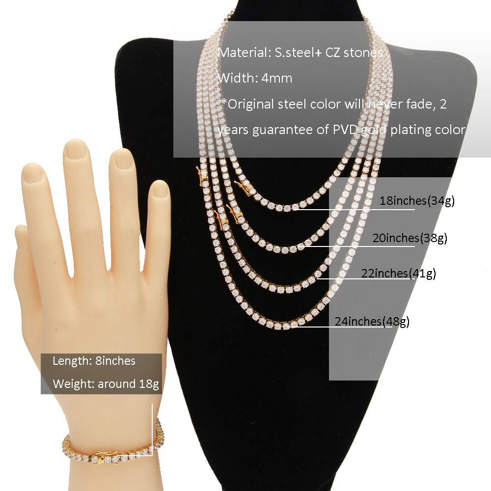 High-Quality 304 Stainless Steel Claw Setting 4mm Row Zircon Men's Tennis Chain Hip-Hop Jewelry Accessories Geometric Pattern Bracelet