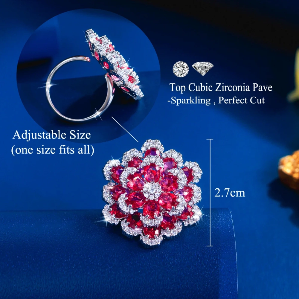 Water Plated White Gold Inlaid Red Zircon Multi-layer Open Ring Copper Material Rhodium Plated Flower (Jewelry) Waterproof Non-fading Wedding Hand Accessories