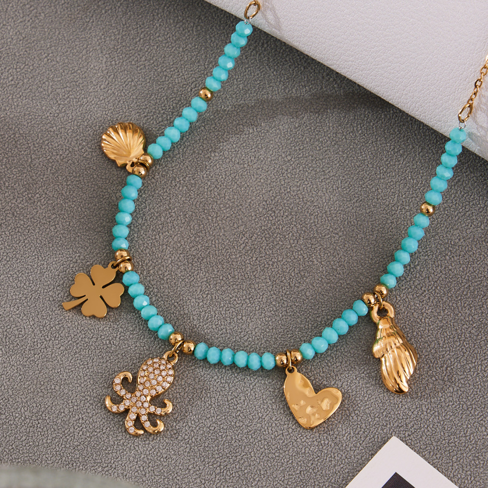 Stainless Steel Multi-Color Beads Necklace DIY Octopus Zircon Shell Heart Pendant Clavicle Chain Luxury Jewelry Accessories