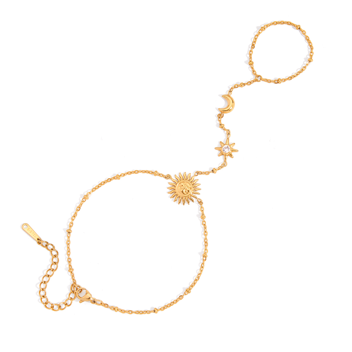 Ladies Classic Style 18K Gold Stainless Steel Bracelet With Sun Moon Star Beads Interlocking Finger Design Diamond Encrusted