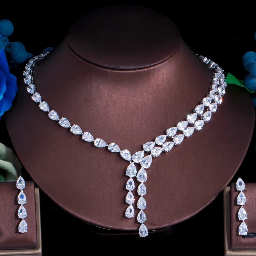 Copper Material Water Plating Simple Two-tone Splicing Water Drop Zircon Women's Necklace Earrings Set Chain Wedding Jewelry Safety Clasp 2-piece Set