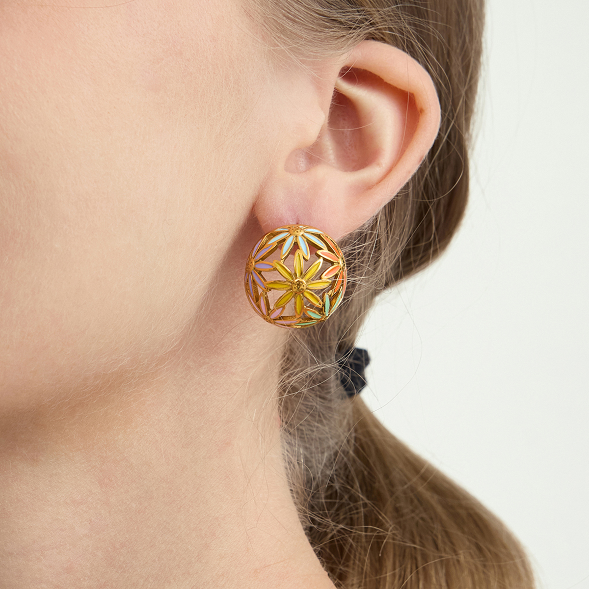 Women's Style - Sweet Style / 18K Gold Stainless Steel + Oil Drop / Colorful Oil Drop Hollow Ball Flower Earrings Pair