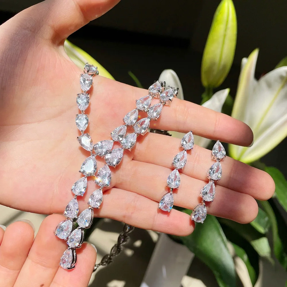 Copper Material Water Plating Simple Two-tone Splicing Water Drop Zircon Women's Necklace Earrings Set Chain Wedding Jewelry Safety Clasp 2-piece Set