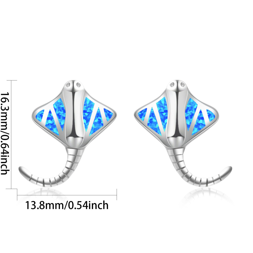 Adorable Blue Opal Bat Fish Earrings For Girls Bohemian Style Floral Print Copper Material Simple Design Jewelry Accessories