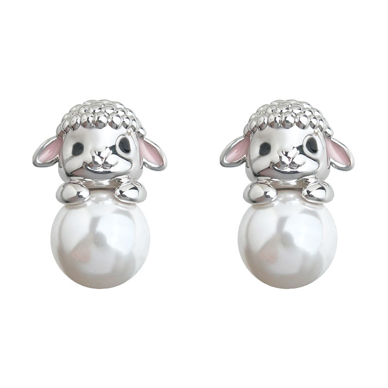 Original Cute Sheep Ear Studs Thick Plated Real Gold Color Retention S925 Silver Needle Glass Pearl Women's Fun Fashion Jewelry