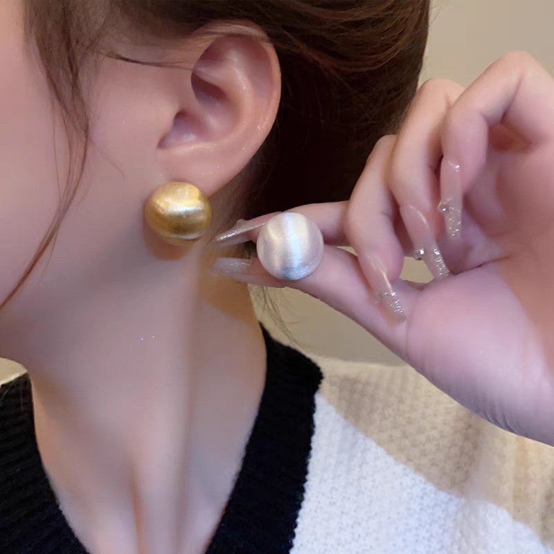 925 Silver Needle Earrings Copper Plated Matte Brass Round Ball Elegant Simple Versatile Geometric Pattern Women's Jewelry Accessories