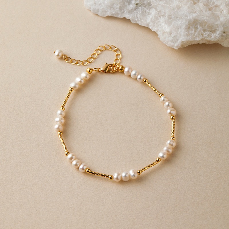 Natural Freshwater Pearl Set Necklace Vintage Style Classic Bracelet Real Gold Plated Brass