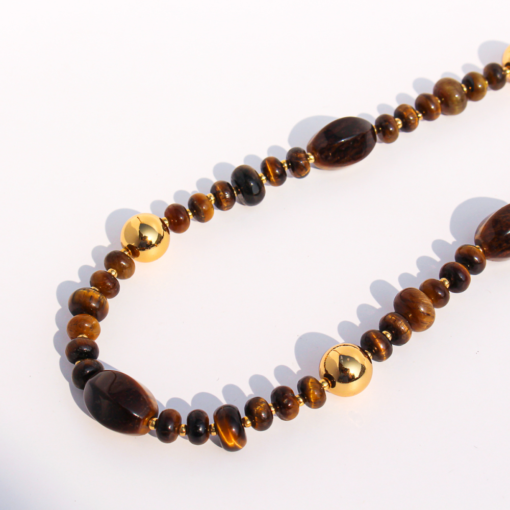 Original Design High-End Natural Tiger Eye Stone Gold Round Bead Necklace Bracelet Waterdrop Earring Set For Ladies Fashion Jewelry Accessories