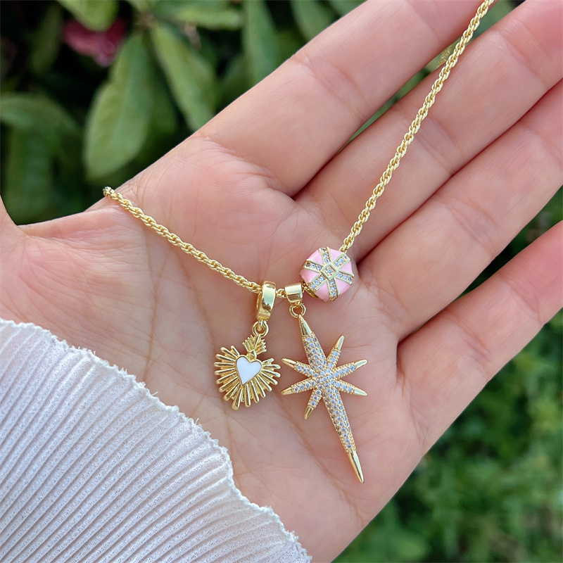 Wholesale Jewelry Retro Classic Style Cross Heart Shape Rose Copper Zircon 18K Gold Plated Multi Charms Necklace Twisted Rope Chain