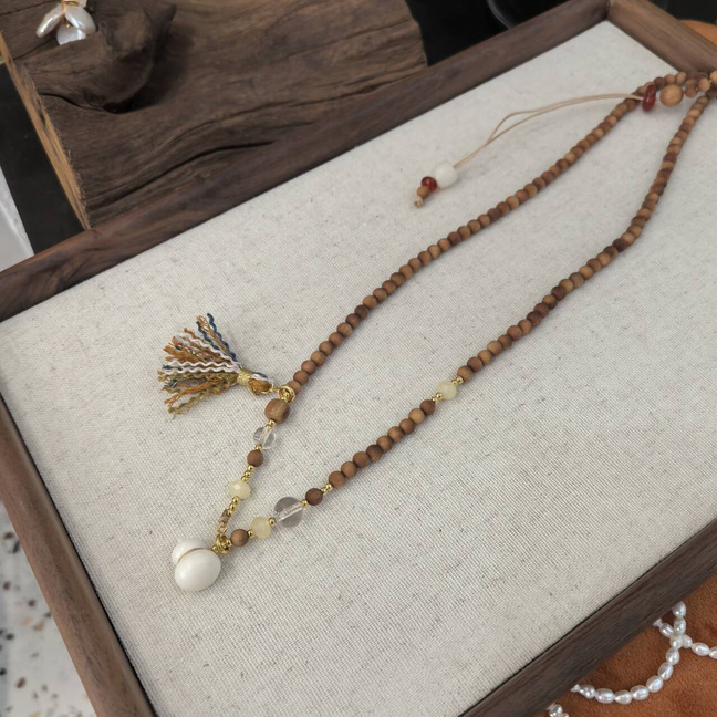New Chinese Style Long Necklace With White Crystal Camel Bone Ivory Gourd Sandalwood Accessories Drawstring Design For Cheongsam