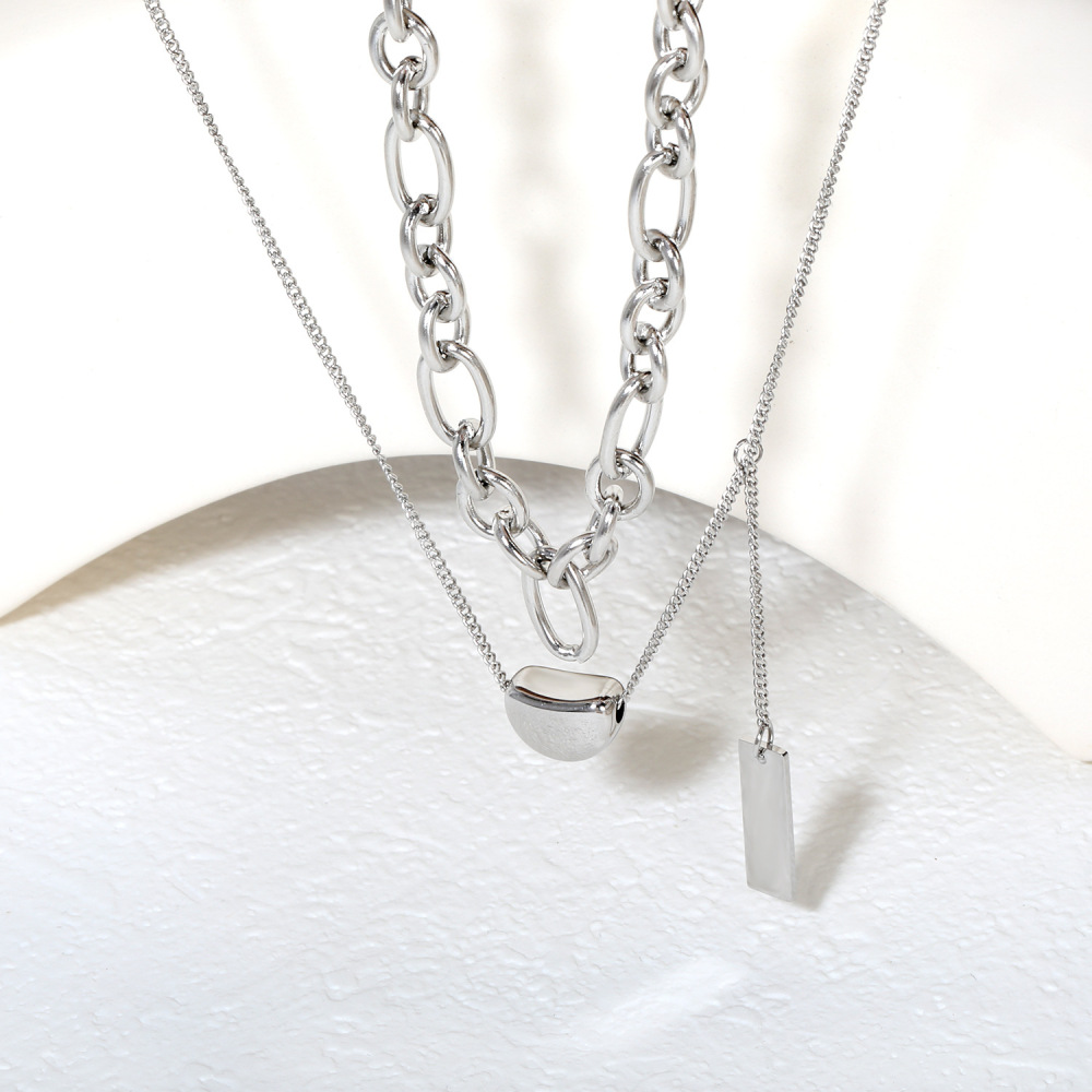 Double Chain Necklace For Women Stainless Steel Bean Shape Versatile 18K Gold Plated Geometric Pattern Ins Style Jewelry Accessories