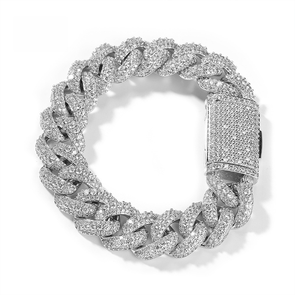 Men's Hip-Hop Bracelet High-End Texture Copper Inlaid Zirconia Gold-Plated Geometric Pattern Silver 18mm Cuban Chain Jewelry Box Clasp Personality