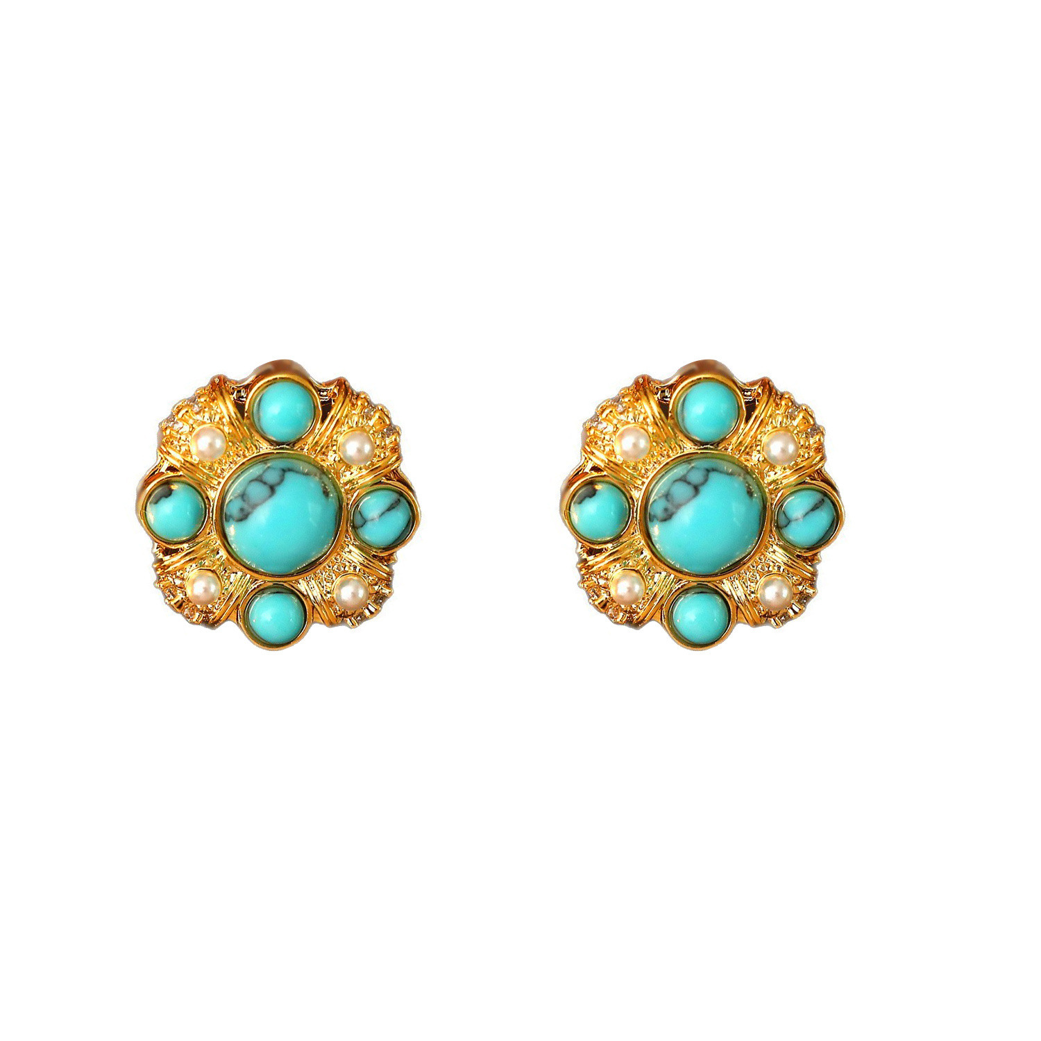 Elegant Vintage Style Pearl Fake Turquoise Stud Earrings Fashionable Geometric Pattern Copper Material 925 Silver Post For Women