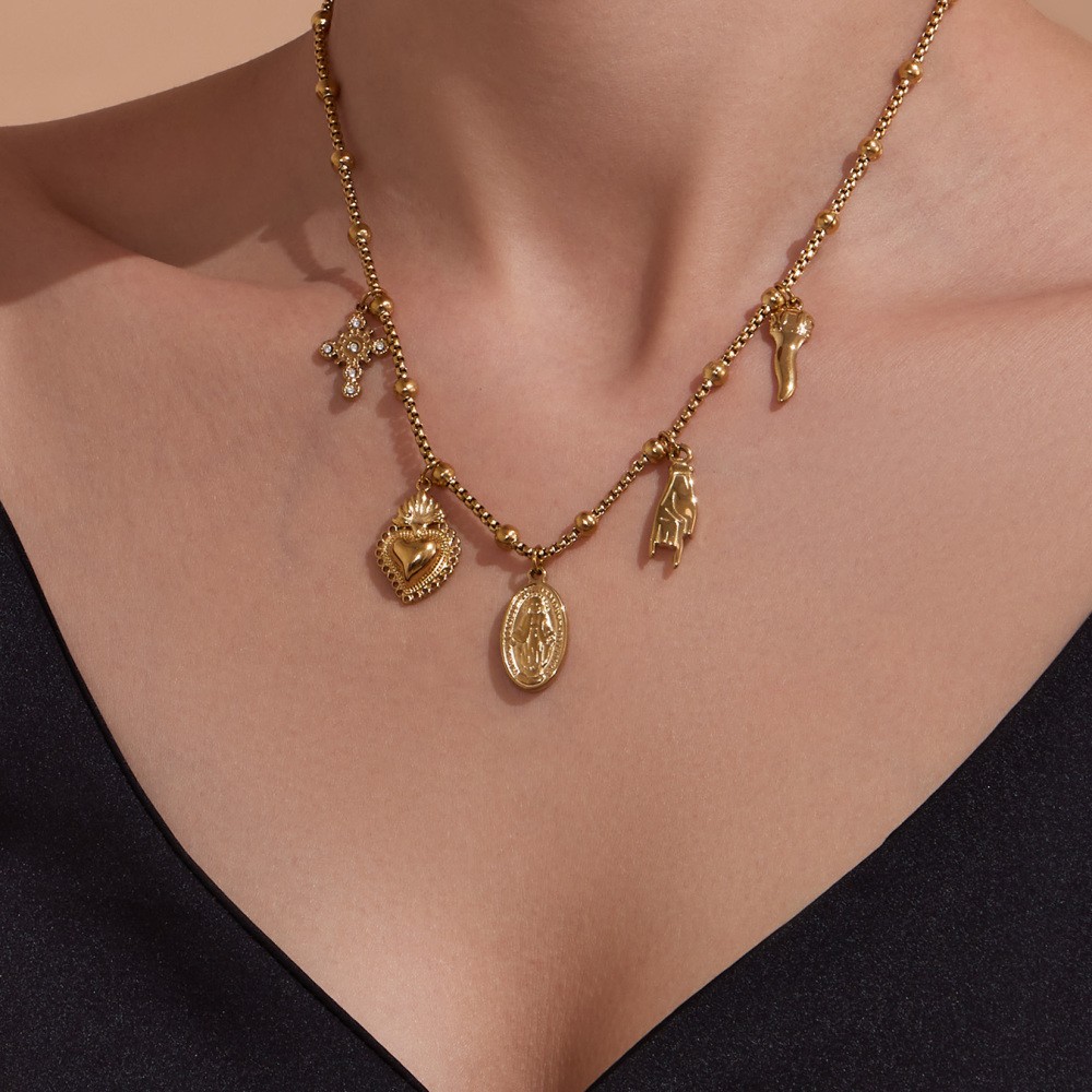 Stainless Steel DIY Multi-Parts Pendant Necklace Cross Heart Oval Jewelry Accessories 18K Gold Plated Versatile Jewelry