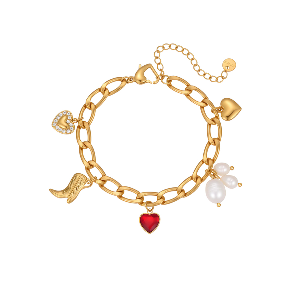 18K Gold-Plated Jewelry Simple Pearl Red Zircon Boot Pendant Style Bracelet Hand Accessories