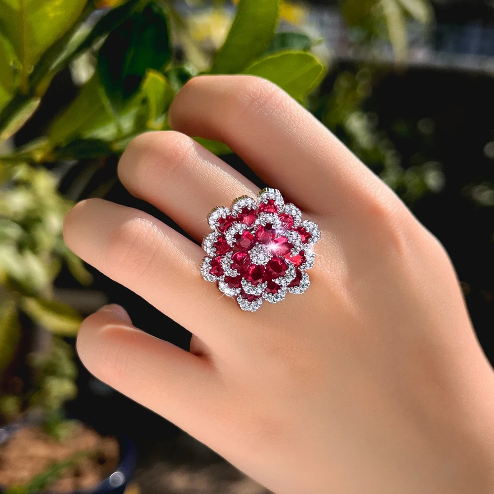 Water Plated White Gold Inlaid Red Zircon Multi-layer Open Ring Copper Material Rhodium Plated Flower (Jewelry) Waterproof Non-fading Wedding Hand Accessories