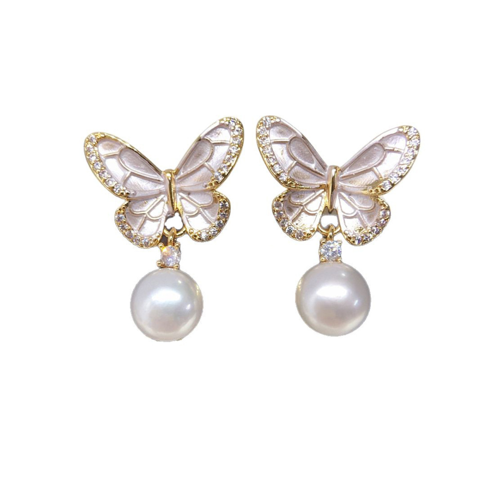 High Quality Natural Freshwater Pearl Earrings Women's Baked Paint Engraved Zircon Butterfly Elegant Jewelry Accessories