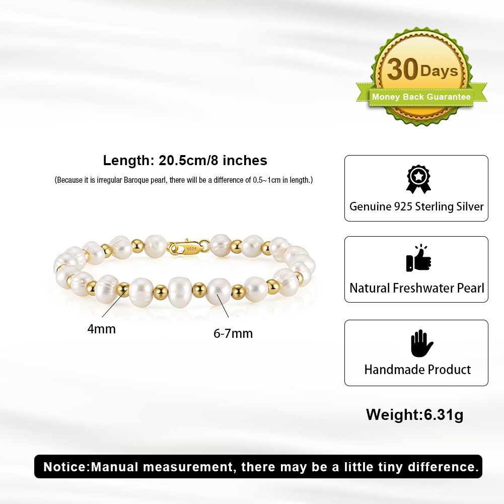 Men's Simple Style Solid Color Freshwater Pearl Sterling Silver Beaded Stone-Free Plated 14K Gold Plated Bracelets