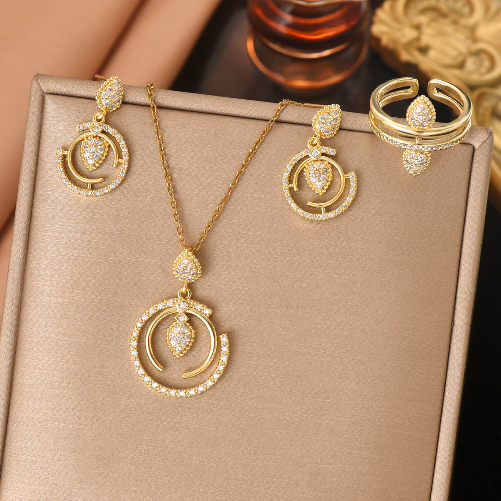 Elegant Circle Layered Necklace Earrings Ring Set Gold Fine Chain Zircon Design Fashion Jewelry Stainless Steel Accessories