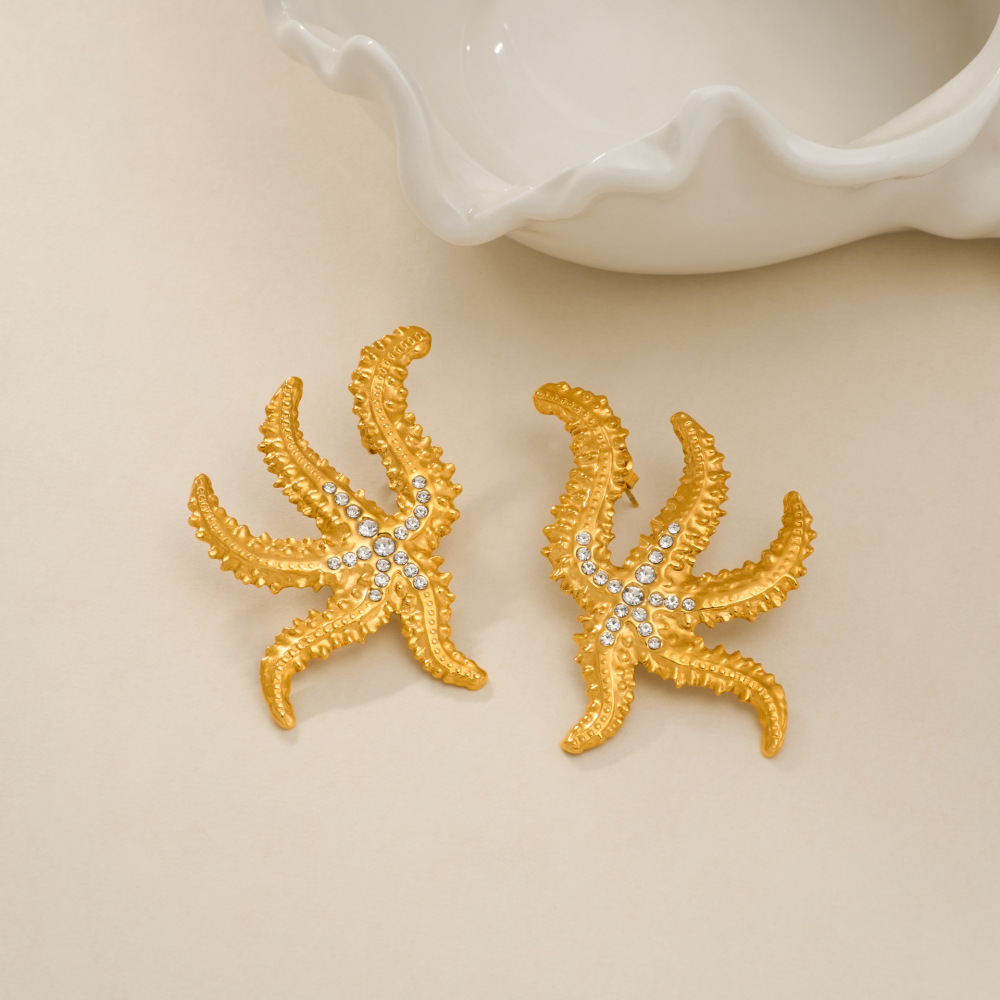 Tropical Starfish Zircon Titanium Plated Steel Earrings Simple Geometric Pattern Elegant Women's Fashion Jewelry Accessories