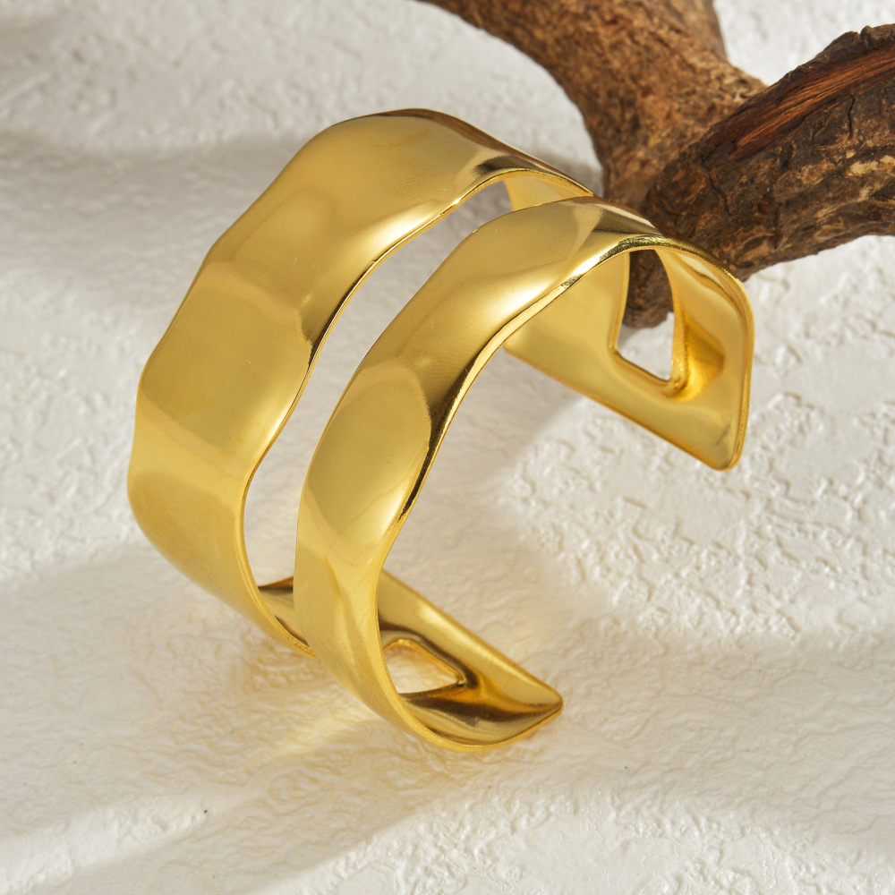Double Layer Wide Opening Bangle Design Stainless Steel Plated 18K Gold Chemical Jewelry Accessories