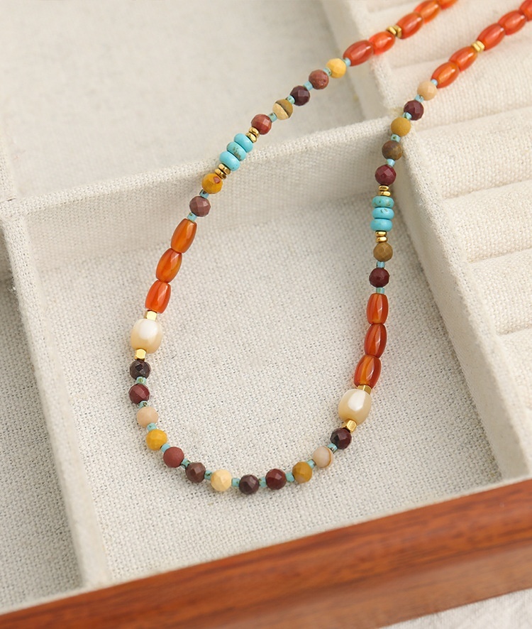 Natural Stone Agate Necklace Women's Hanfu Accessories New Chinese Style Sweater Chain Geometric Pattern Oval Shape Beads Design