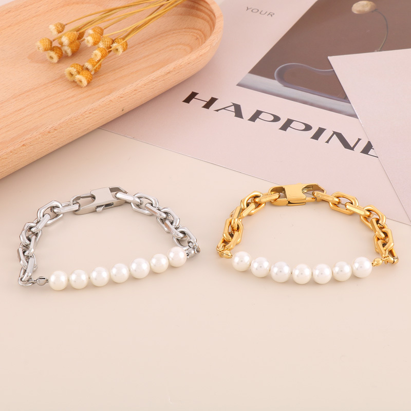 PVD Coated 18K Gold Plated Geometric Stainless Steel Freshwater Pearl Simple Style Classic Style Waterproof Non Tarnish Bracelets