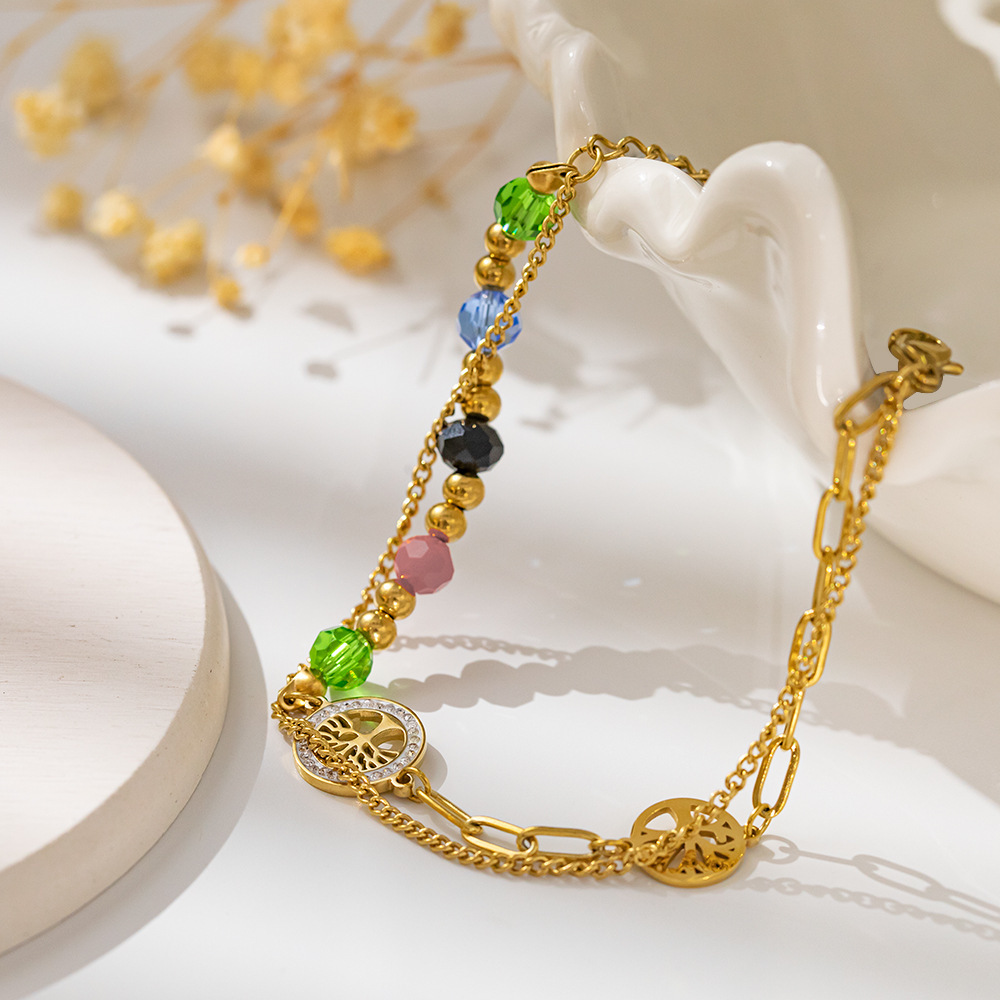 Double Layer Connected Irregular Round Colorful Beads Fashionable Luxury Retro Tree Of Life Bracelet For Women Titanium Steel