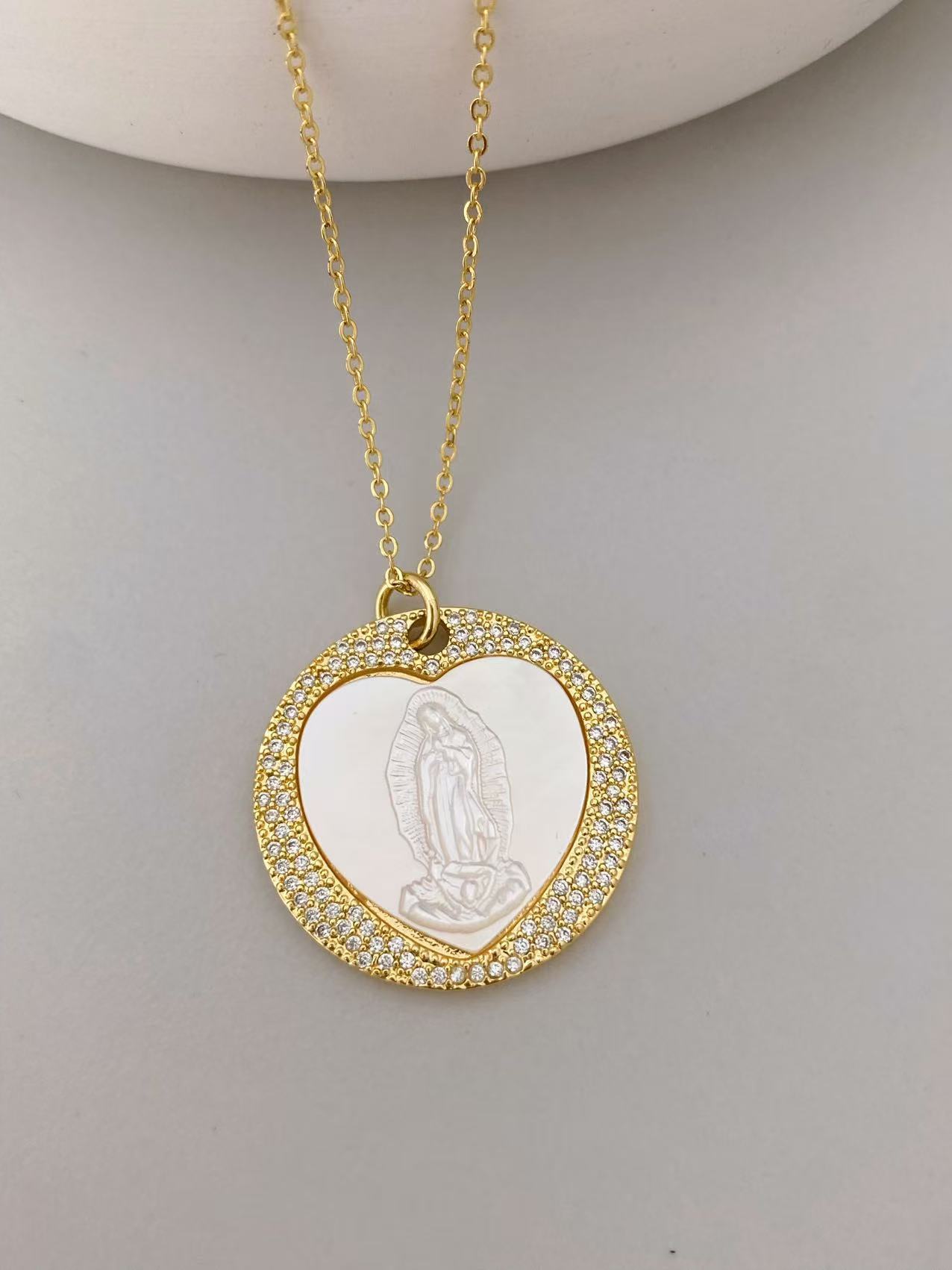 New Zircon White Mother-of-Pearl Guadalupe Pendant Women's European Style Jewelry Accessories Geometric Pattern Electroplated