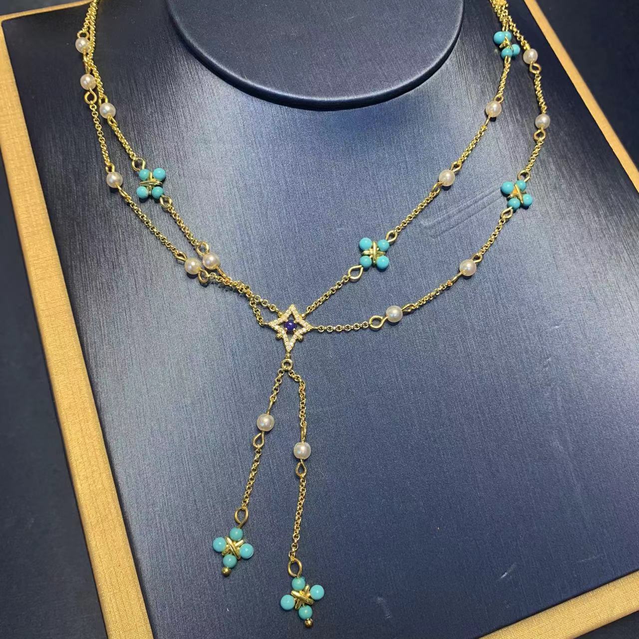 Elegant Green Turquoise Pearl Necklace For Women With Four Leaf Clover Tassel Clavicle Chain Simple Geometric Design Jewelry