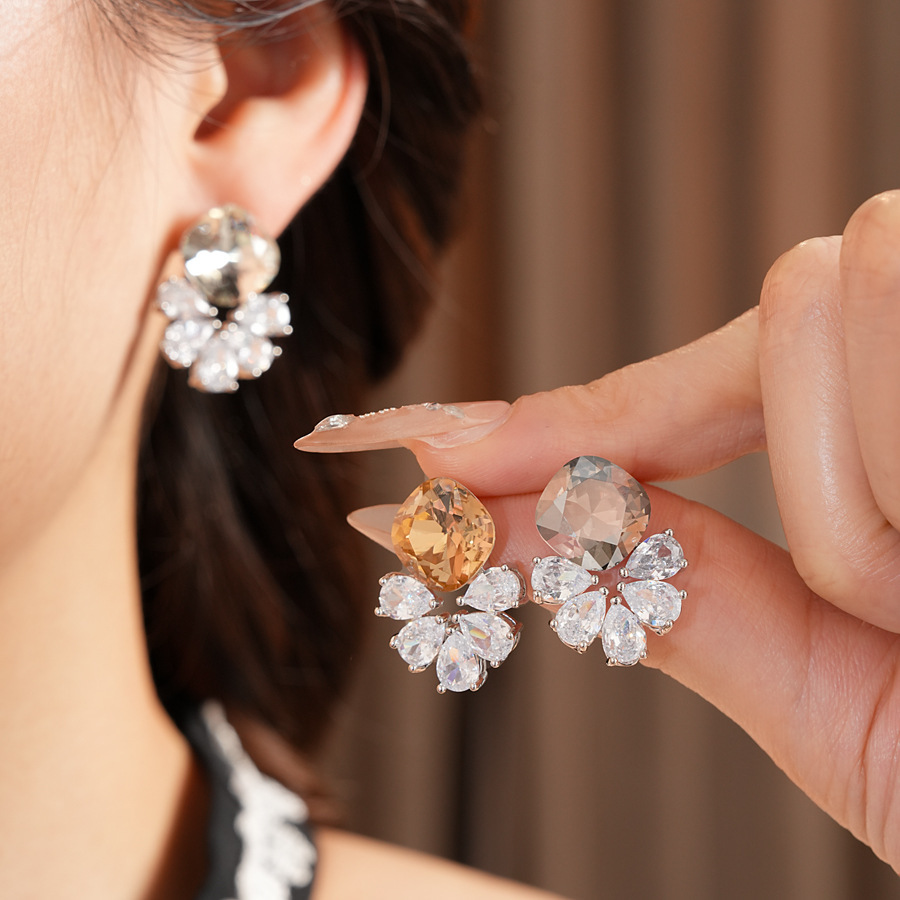 Silver Zircon Flower Water Drop Earrings Simple Iron Post Women's Jewelry Accessories