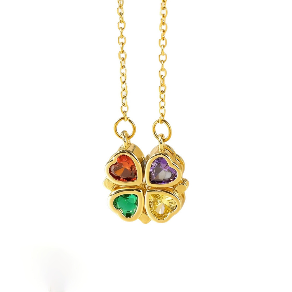Stainless Steel Necklace Ladies Foldable Four-leaf Clover Colorful Zircon Heart-shaped Jewelry Accessories