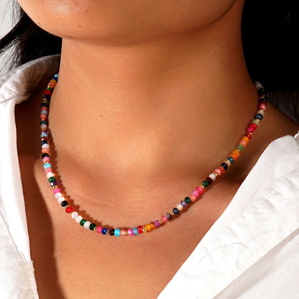 Multicolor Natural Stone Beaded Necklace Women's Accessories Simple Design Polyester Chain Jewelry
