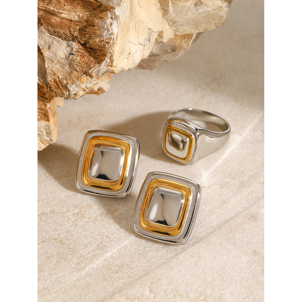 304 Stainless Steel Square PVD Coated 18K Real Gold Plated Vintage Style Classic Style Mixed Metal Rings Earrings