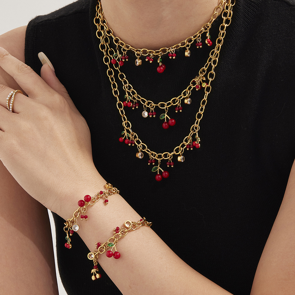 Stainless Steel Cherry Red Pearl Zirconia 18K Gold Plated Bracelet Necklace Set Versatile Personality Jewelry Accessories