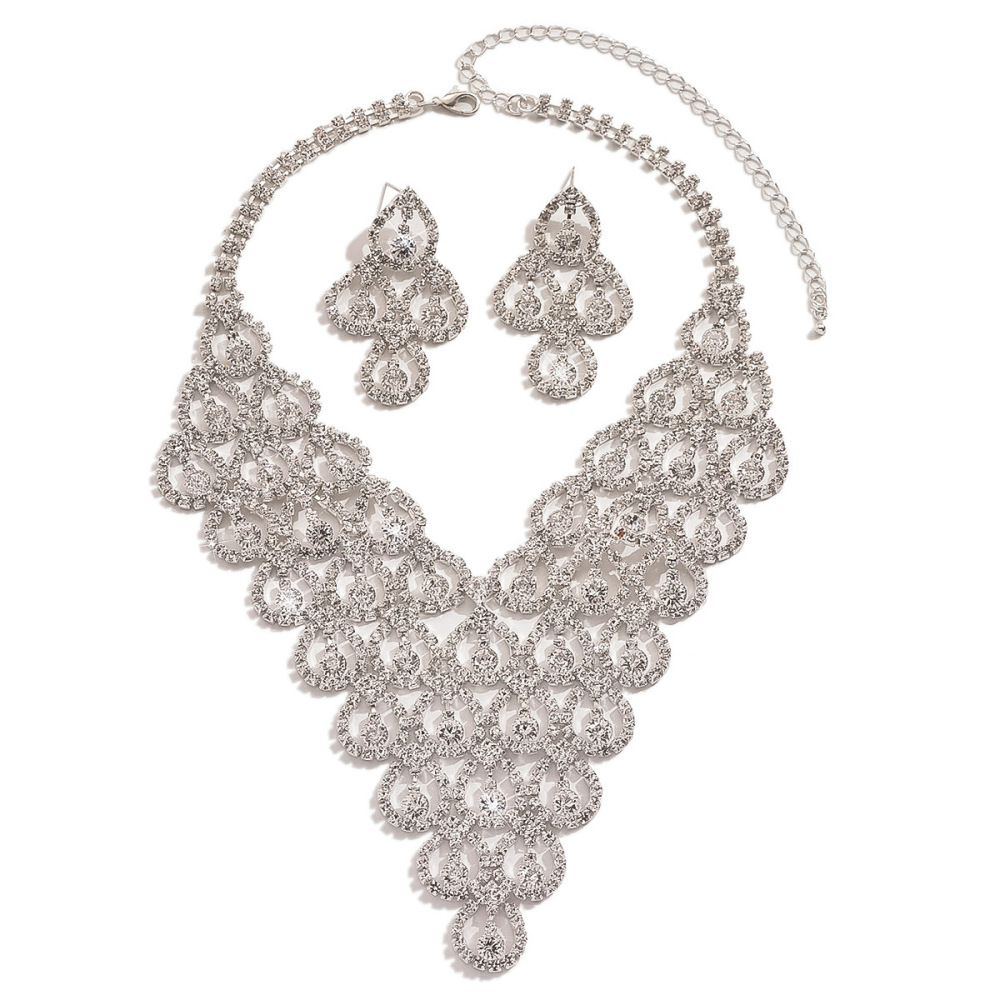 Elegant  Luxury Bridal Necklace And Earring Set Wedding Accessories Full Diamond Flower Jewelry Set For Women